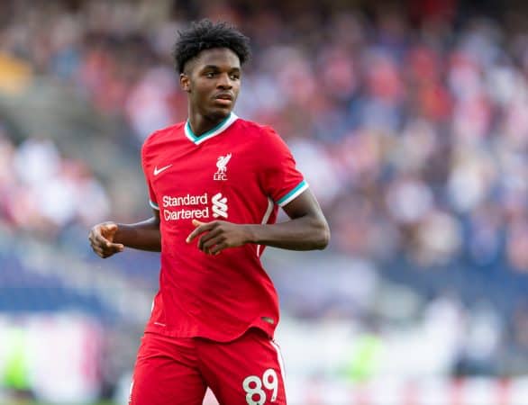 SALZBURG, AUSTRIA - Tuesday, August 25, 2020: Liverpool's Billy Koumetio during a preseason friendly match between FC Red Bull Salzburg and Liverpool FC at the Red Bull Arena. (Pic by Propaganda)