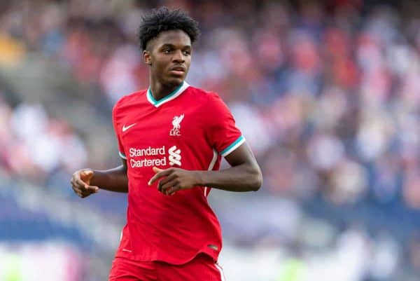 SALZBURG, AUSTRIA - Tuesday, August 25, 2020: Liverpool's Billy Koumetio during a preseason friendly match between FC Red Bull Salzburg and Liverpool FC at the Red Bull Arena. (Pic by Propaganda)