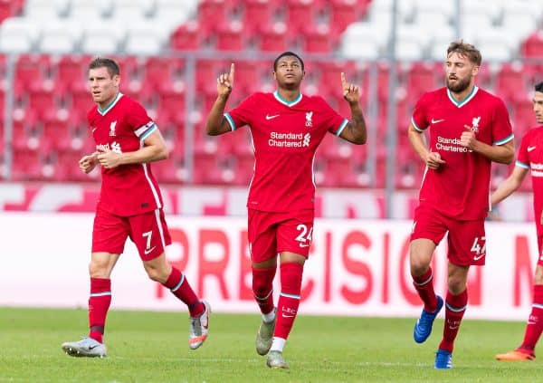 SALZBURG, AUSTRIA - Tuesday, August 25, 2020: Liverpool's Rhian Brewster celebrates scoring the second goal during a preseason friendly match between FC Red Bull Salzburg and Liverpool FC at the Red Bull Arena. (Pic by Propaganda)