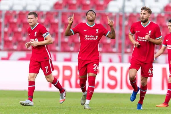 SALZBURG, AUSTRIA - Tuesday, August 25, 2020: Liverpool's Rhian Brewster celebrates scoring the second goal during a preseason friendly match between FC Red Bull Salzburg and Liverpool FC at the Red Bull Arena. (Pic by Propaganda)