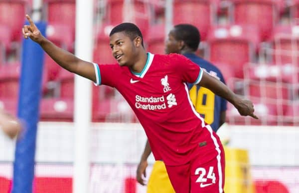 SALZBURG, AUSTRIA - Tuesday, August 25, 2020: Liverpool's Rhian Brewster celebrates scoring the second goal during a preseason friendly match between FC Red Bull Salzburg and Liverpool FC at the Red Bull Arena. (Pic by Propaganda)