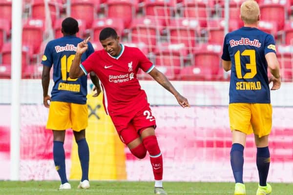 SALZBURG, AUSTRIA - Tuesday, August 25, 2020: Liverpool's Rhian Brewster celebrates scoring the second goal during a preseason friendly match between FC Red Bull Salzburg and Liverpool FC at the Red Bull Arena. (Pic by Propaganda)