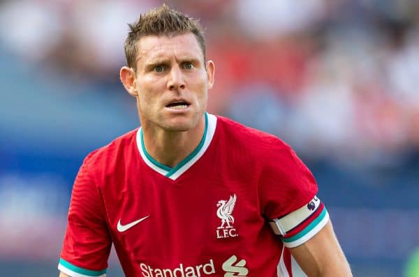 SALZBURG, AUSTRIA - Tuesday, August 25, 2020: Liverpool's James Milner during a preseason friendly match between FC Red Bull Salzburg and Liverpool FC at the Red Bull Arena. (Pic by Propaganda)