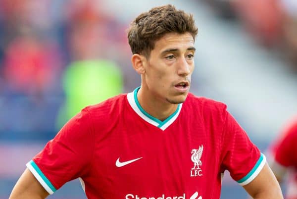 SALZBURG, AUSTRIA - Tuesday, August 25, 2020: Liverpool's Kostas Tsimikas during a preseason friendly match between FC Red Bull Salzburg and Liverpool FC at the Red Bull Arena. (Pic by Propaganda)