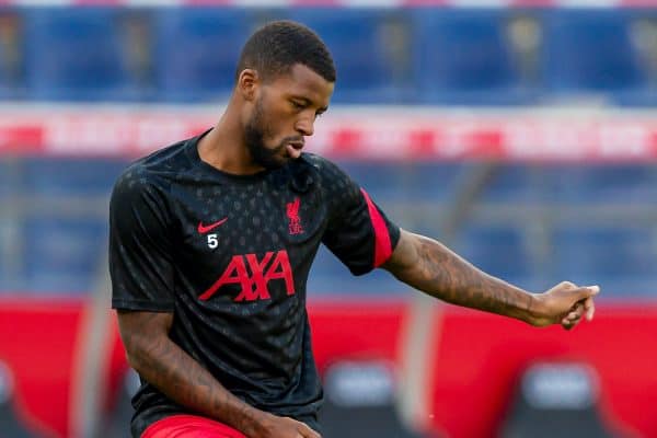 SALZBURG, AUSTRIA - Tuesday, August 25, 2020: Liverpool's Georginio Wijnaldum during the pre-match warm-up before a preseason friendly match between FC Red Bull Salzburg and Liverpool FC at the Red Bull Arena. (Pic by Propaganda)