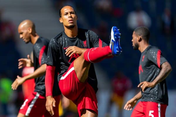 SALZBURG, AUSTRIA - Tuesday, August 25, 2020: Liverpool's Virgil van Dijk during the pre-match warm-up before a preseason friendly match between FC Red Bull Salzburg and Liverpool FC at the Red Bull Arena. (Pic by Propaganda)