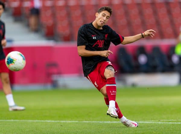 SALZBURG, AUSTRIA - Tuesday, August 25, 2020: Liverpool's Kostas Tsimikas during the pre-match warm-up before a preseason friendly match between FC Red Bull Salzburg and Liverpool FC at the Red Bull Arena. (Pic by Propaganda)