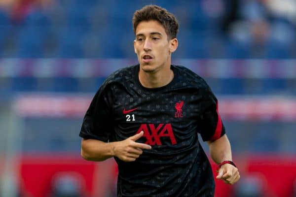 SALZBURG, AUSTRIA - Tuesday, August 25, 2020: Liverpool's Kostas Tsimikas during the pre-match warm-up before a preseason friendly match between FC Red Bull Salzburg and Liverpool FC at the Red Bull Arena. (Pic by Propaganda)