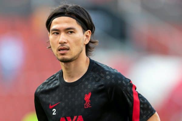 SALZBURG, AUSTRIA - Tuesday, August 25, 2020: Liverpool's Takumi Minamino during the pre-match warm-up before a preseason friendly match between FC Red Bull Salzburg and Liverpool FC at the Red Bull Arena. (Pic by Propaganda)