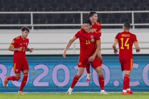 HELSINKI, FINLAND - Thursday, September 3, 2020: Wales' Kieffer Moore celebrates after scoring the only goal of the game during the UEFA Nations League Group Stage League B Group 4 match between Finland and Wales at the Helsingin Olympiastadion. Wales won 1-0. (Pic by Jussi Eskola/Propaganda)