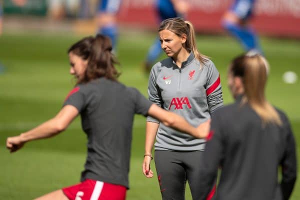 BIRKENHEAD, ENGLAND - Sunday, September 6, 2020: Liverpool Women's mamager Vicky Jepson during the pre-match warm-up before the FA Women’s Championship game between Liverpool FC Women and Durham Women FC at Prenton Park. (Pic by Paul Greenwood/Propaganda)