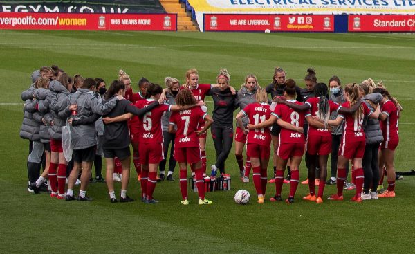 BIRKENHEAD, ENGLAND - Sunday, September 6, 2020: Liverpool’s players and staff talk after the FA Women’s Championship game between Liverpool FC Women and Durham Women FC at Prenton Park. (Pic by Paul Greenwood/Propaganda)