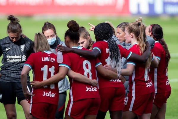 BIRKENHEAD, ENGLAND - Sunday, September 6, 2020: Liverpool’s Women's manager Vicky Jepson speaks with players after the FA Women’s Championship game between Liverpool FC Women and Durham Women FC at Prenton Park. (Pic by Paul Greenwood/Propaganda)