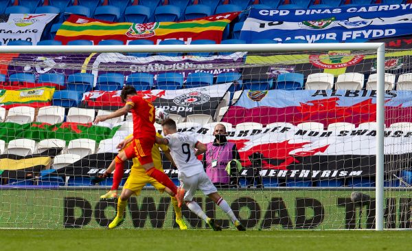 CARDIFF, WALES - Sunday, September 6, 2020: Wales' Neco Williams scores the winning goal in injury time to seal a 1-0 victory during the UEFA Nations League Group Stage League B Group 4 match between Wales and Bulgaria at the Cardiff City Stadium. (Pic by David Rawcliffe/Propaganda)