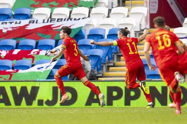 CARDIFF, WALES - Sunday, September 6, 2020: Wales' Neco Williams celebrates after scoring the winning goal in injury time to seal a 1-0 victory during the UEFA Nations League Group Stage League B Group 4 match between Wales and Bulgaria at the Cardiff City Stadium. (Pic by David Rawcliffe/Propaganda)