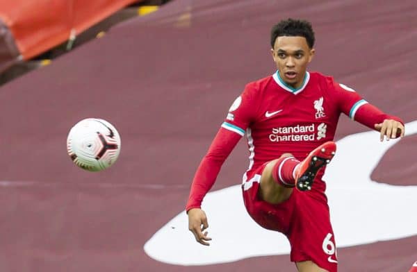 LIVERPOOL, ENGLAND - Saturday, September 12, 2020: Liverpool’s Trent Alexander-Arnold during the opening FA Premier League match between Liverpool FC and Leeds United FC at Anfield. The game was played behind closed doors due to the UK government’s social distancing laws during the Coronavirus COVID-19 Pandemic. (Pic by David Rawcliffe/Propaganda)