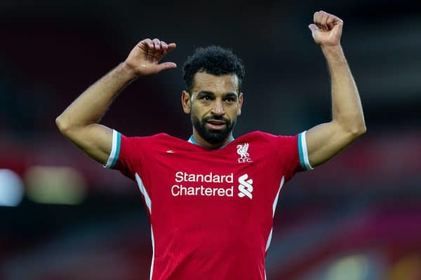 LIVERPOOL, ENGLAND - Saturday, September 12, 2020: Liverpool’s Mohamed Salah during the opening FA Premier League match between Liverpool FC and Leeds United FC at Anfield. The game was played behind closed doors due to the UK government’s social distancing laws during the Coronavirus COVID-19 Pandemic. (Pic by David Rawcliffe/Propaganda)