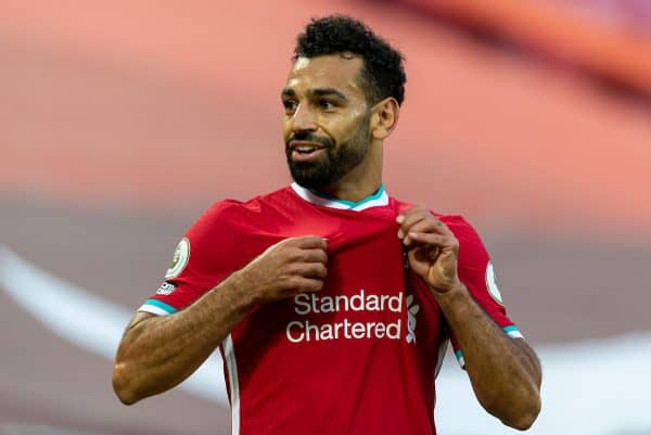 LIVERPOOL, ENGLAND - Saturday, September 12, 2020: Liverpool’s Mohamed Salah during the opening FA Premier League match between Liverpool FC and Leeds United FC at Anfield. The game was played behind closed doors due to the UK government’s social distancing laws during the Coronavirus COVID-19 Pandemic. (Pic by David Rawcliffe/Propaganda)