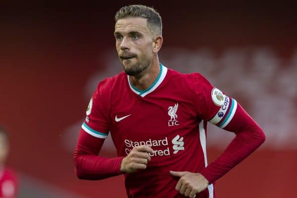 LIVERPOOL, ENGLAND - Saturday, September 12, 2020: Liverpool’s captain Jordan Henderson during the opening FA Premier League match between Liverpool FC and Leeds United FC at Anfield. The game was played behind closed doors due to the UK government’s social distancing laws during the Coronavirus COVID-19 Pandemic. (Pic by David Rawcliffe/Propaganda)