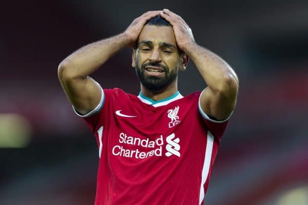 LIVERPOOL, ENGLAND - Saturday, September 12, 2020: Liverpool’s Mohamed Salah looks dejected after missing a chance during the opening FA Premier League match between Liverpool FC and Leeds United FC at Anfield. The game was played behind closed doors due to the UK government’s social distancing laws during the Coronavirus COVID-19 Pandemic. (Pic by David Rawcliffe/Propaganda)