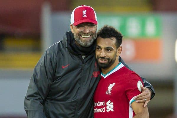 LIVERPOOL, ENGLAND - Saturday, September 12, 2020: Liverpool’s manager Jürgen Klopp congratulates hat-trick hero Mohamed Salah after the opening FA Premier League match between Liverpool FC and Leeds United FC at Anfield. The game was played behind closed doors due to the UK government’s social distancing laws during the Coronavirus COVID-19 Pandemic. Liverpool won 4-3. (Pic by David Rawcliffe/Propaganda)