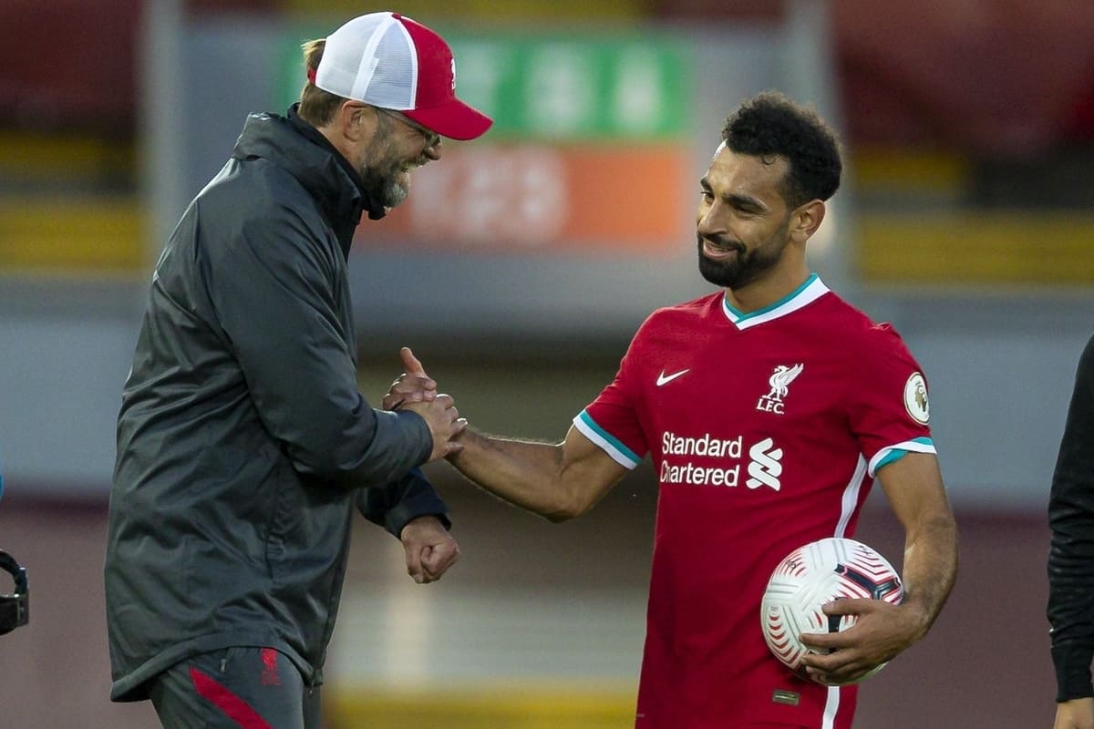 LIVERPOOL, ENGLAND - Saturday, September 12, 2020: Liverpool’s manager Jürgen Klopp congratulates hat-trick hero Mohamed Salah after the opening FA Premier League match between Liverpool FC and Leeds United FC at Anfield. The game was played behind closed doors due to the UK government’s social distancing laws during the Coronavirus COVID-19 Pandemic. Liverpool won 4-3. (Pic by David Rawcliffe/Propaganda)