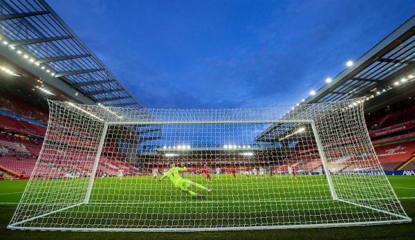 LIVERPOOL, ENGLAND - Saturday, September 12, 2020: Liverpool’s Mohamed Salah scores the winning goal, his hat-trick, from a penalty kick as Liverpool win 4-3 during the opening FA Premier League match between Liverpool FC and Leeds United FC at Anfield. The game was played behind closed doors due to the UK government’s social distancing laws during the Coronavirus COVID-19 Pandemic. (Pic by David Rawcliffe/Propaganda)