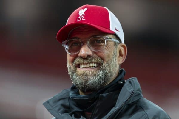 LIVERPOOL, ENGLAND - Saturday, September 12, 2020: Liverpool’s manager Jürgen Klopp is interviewed by LFC.TV after the opening FA Premier League match between Liverpool FC and Leeds United FC at Anfield. The game was played behind closed doors due to the UK government’s social distancing laws during the Coronavirus COVID-19 Pandemic. Liverpool won 4-3. (Pic by David Rawcliffe/Propaganda)