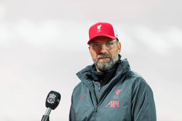 LIVERPOOL, ENGLAND - Saturday, September 12, 2020: Liverpool’s manager Jürgen Klopp is interviewed by LFC.TV after the opening FA Premier League match between Liverpool FC and Leeds United FC at Anfield. The game was played behind closed doors due to the UK government’s social distancing laws during the Coronavirus COVID-19 Pandemic. Liverpool won 4-3. (Pic by David Rawcliffe/Propaganda)