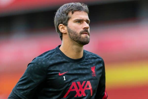 IVERPOOL, ENGLAND - Saturday, September 12, 2020: Liverpool’s goalkeeper Alisson Becker during the pre-match warm-up before the opening FA Premier League match between Liverpool FC and Leeds United FC at Anfield. The game was played behind closed doors due to the UK government’s social distancing laws during the Coronavirus COVID-19 Pandemic. (Pic by David Rawcliffe/Propaganda)