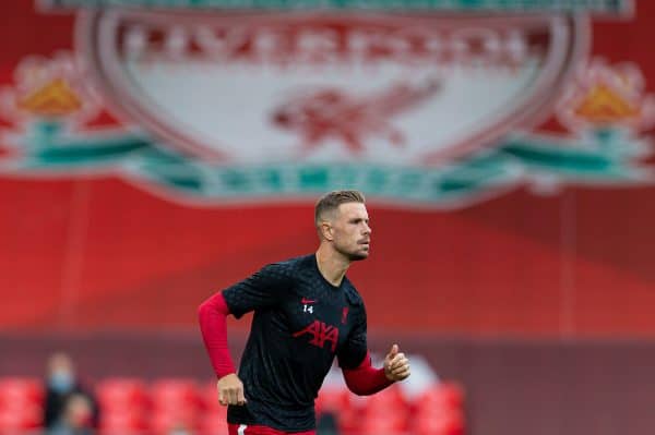 LIVERPOOL, ENGLAND - Saturday, September 12, 2020: Liverpool’s captain Jordan Henderson during the pre-match warm-up before the opening FA Premier League match between Liverpool FC and Leeds United FC at Anfield. The game was played behind closed doors due to the UK government’s social distancing laws during the Coronavirus COVID-19 Pandemic. (Pic by David Rawcliffe/Propaganda)