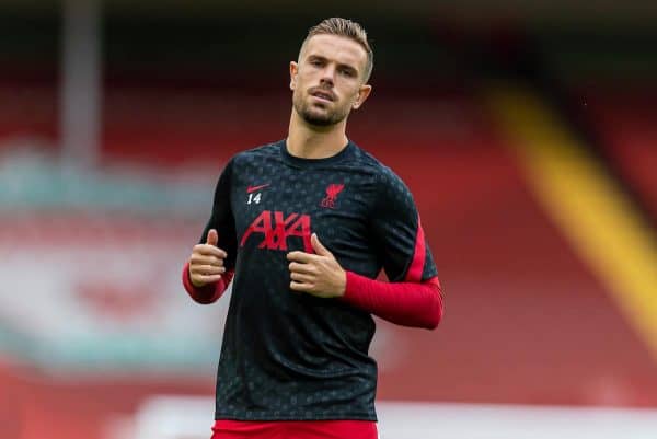 LIVERPOOL, ENGLAND - Saturday, September 12, 2020: Liverpool’s captain Jordan Henderson during the pre-match warm-up before the opening FA Premier League match between Liverpool FC and Leeds United FC at Anfield. The game was played behind closed doors due to the UK government’s social distancing laws during the Coronavirus COVID-19 Pandemic. (Pic by David Rawcliffe/Propaganda)