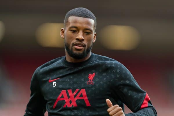 LIVERPOOL, ENGLAND - Saturday, September 12, 2020: Liverpool’s Georginio Wijnaldum during the pre-match warm-up before the opening FA Premier League match between Liverpool FC and Leeds United FC at Anfield. The game was played behind closed doors due to the UK government’s social distancing laws during the Coronavirus COVID-19 Pandemic. (Pic by David Rawcliffe/Propaganda)