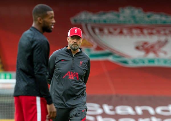 LIVERPOOL, ENGLAND - Saturday, September 12, 2020: Liverpool’s manager Jürgen Klopp during the pre-match warm-up before the opening FA Premier League match between Liverpool FC and Leeds United FC at Anfield. The game was played behind closed doors due to the UK government’s social distancing laws during the Coronavirus COVID-19 Pandemic. (Pic by David Rawcliffe/Propaganda)