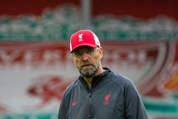 LIVERPOOL, ENGLAND - Saturday, September 12, 2020: Liverpool’s manager Jürgen Klopp during the pre-match warm-up before the opening FA Premier League match between Liverpool FC and Leeds United FC at Anfield. The game was played behind closed doors due to the UK government’s social distancing laws during the Coronavirus COVID-19 Pandemic. (Pic by David Rawcliffe/Propaganda)