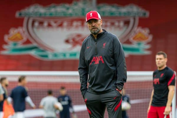 LIVERPOOL, ENGLAND - Saturday, September 12, 2020: Liverpool’s manager Jürgen Klopp during the pre-match warm-up before the opening FA Premier League match between Liverpool FC and Leeds United FC at Anfield. The game was played behind closed doors due to the UK government’s social distancing laws during the Coronavirus COVID-19 Pandemic. (Pic by David Rawcliffe/Propaganda)