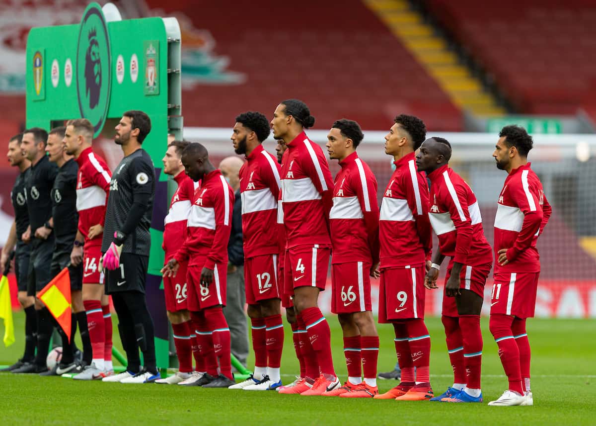 LIVERPOOL, ENGLAND - Saturday, September 12, 2020: Liverpool’s players in anthem jackets before the opening FA Premier League match between Liverpool FC and Leeds United FC at Anfield. The game was played behind closed doors due to the UK government’s social distancing laws during the Coronavirus COVID-19 Pandemic. (Pic by David Rawcliffe/Propaganda)