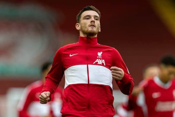 LIVERPOOL, ENGLAND - Saturday, September 12, 2020: Liverpool’s Andy Robertson wearing an anthem jacket before the opening FA Premier League match between Liverpool FC and Leeds United FC at Anfield. The game was played behind closed doors due to the UK government’s social distancing laws during the Coronavirus COVID-19 Pandemic. (Pic by David Rawcliffe/Propaganda)