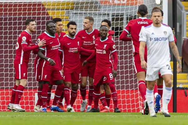 LIVERPOOL, ENGLAND - Saturday, September 12, 2020: Liverpool’s Mohamed Salah (C) celebrates after scoring the first goal from a penalty-kick during the opening FA Premier League match between Liverpool FC and Leeds United FC at Anfield. The game was played behind closed doors due to the UK government’s social distancing laws during the Coronavirus COVID-19 Pandemic. (Pic by David Rawcliffe/Propaganda)