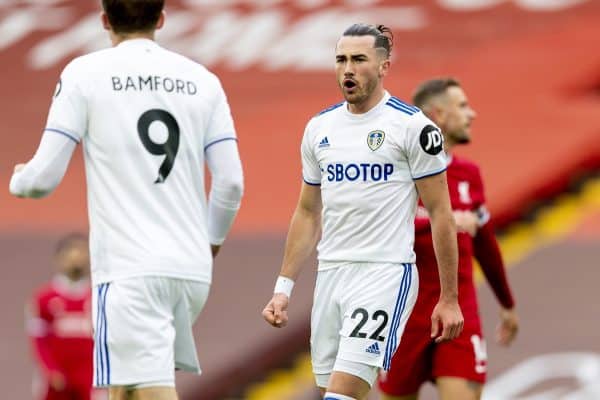 LIVERPOOL, ENGLAND - Saturday, September 12, 2020: Leeds United's Jack Harrison celebrates after scoring the first equalising goal to level the score at 1-1 during the opening FA Premier League match between Liverpool FC and Leeds United FC at Anfield. The game was played behind closed doors due to the UK government’s social distancing laws during the Coronavirus COVID-19 Pandemic. (Pic by David Rawcliffe/Propaganda)