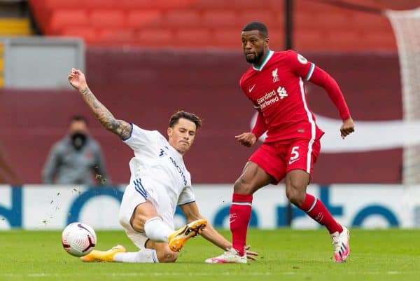 LIVERPOOL, ENGLAND - Saturday, September 12, 2020: Liverpool’s Georginio Wijnaldum (R) and Leeds United's Robin Koch during the opening FA Premier League match between Liverpool FC and Leeds United FC at Anfield. The game was played behind closed doors due to the UK government’s social distancing laws during the Coronavirus COVID-19 Pandemic. (Pic by David Rawcliffe/Propaganda)