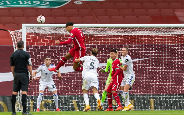 LIVERPOOL, ENGLAND - Saturday, September 12, 2020: Liverpool’s Virgil van Dijk scores the second goal with a header during the opening FA Premier League match between Liverpool FC and Leeds United FC at Anfield. The game was played behind closed doors due to the UK government’s social distancing laws during the Coronavirus COVID-19 Pandemic. (Pic by David Rawcliffe/Propaganda)