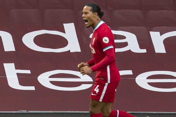 LIVERPOOL, ENGLAND - Saturday, September 12, 2020: Liverpool’s Virgil van Dijk celebrates scoring the second goal during the opening FA Premier League match between Liverpool FC and Leeds United FC at Anfield. The game was played behind closed doors due to the UK government’s social distancing laws during the Coronavirus COVID-19 Pandemic. (Pic by David Rawcliffe/Propaganda)