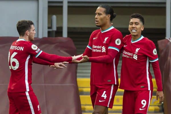 LIVERPOOL, ENGLAND - Saturday, September 12, 2020: Liverpool’s Virgil van Dijk (C) celebrates scoring the second goal with team-mate Andy Robertson (L) during the opening FA Premier League match between Liverpool FC and Leeds United FC at Anfield. The game was played behind closed doors due to the UK government’s social distancing laws during the Coronavirus COVID-19 Pandemic. (Pic by David Rawcliffe/Propaganda)