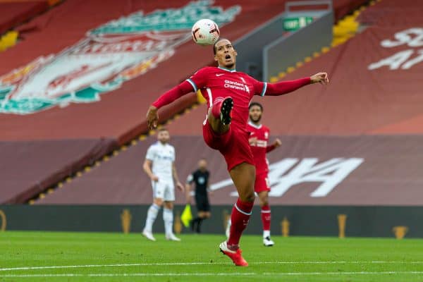 LIVERPOOL, ENGLAND - Saturday, September 12, 2020: Liverpool’s Virgil van Dijk makes a mistake which leads to Leeds United's second goal during the opening FA Premier League match between Liverpool FC and Leeds United FC at Anfield. The game was played behind closed doors due to the UK government’s social distancing laws during the Coronavirus COVID-19 Pandemic. (Pic by David Rawcliffe/Propaganda)