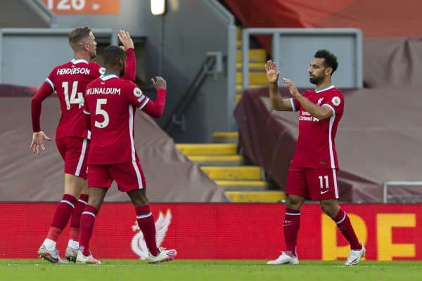 LIVERPOOL, ENGLAND - Saturday, September 12, 2020: Liverpool’s Mohamed Salah (R) celebrates after scoring the third goal to make the score 3-2 during the opening FA Premier League match between Liverpool FC and Leeds United FC at Anfield. The game was played behind closed doors due to the UK government’s social distancing laws during the Coronavirus COVID-19 Pandemic. (Pic by David Rawcliffe/Propaganda)