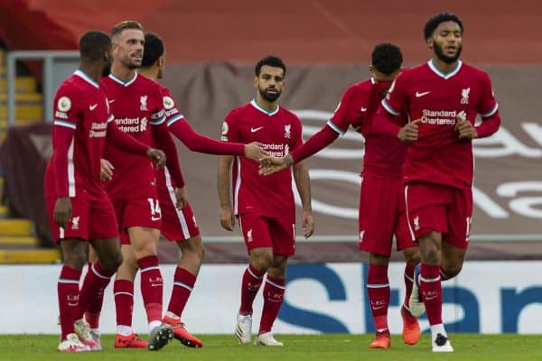 LIVERPOOL, ENGLAND - Saturday, September 12, 2020: Liverpool’s Mohamed Salah (C) celebrates after scoring the third goal to make the score 3-2 during the opening FA Premier League match between Liverpool FC and Leeds United FC at Anfield. The game was played behind closed doors due to the UK government’s social distancing laws during the Coronavirus COVID-19 Pandemic. (Pic by David Rawcliffe/Propaganda)