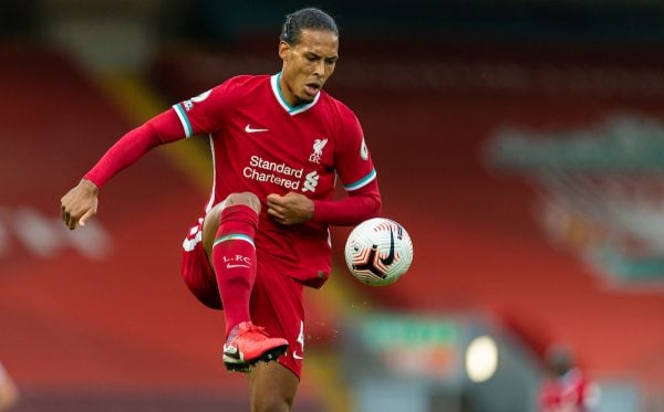 LIVERPOOL, ENGLAND - Saturday, September 12, 2020: Liverpool’s Virgil van Dijk during the opening FA Premier League match between Liverpool FC and Leeds United FC at Anfield. The game was played behind closed doors due to the UK government’s social distancing laws during the Coronavirus COVID-19 Pandemic. (Pic by David Rawcliffe/Propaganda)