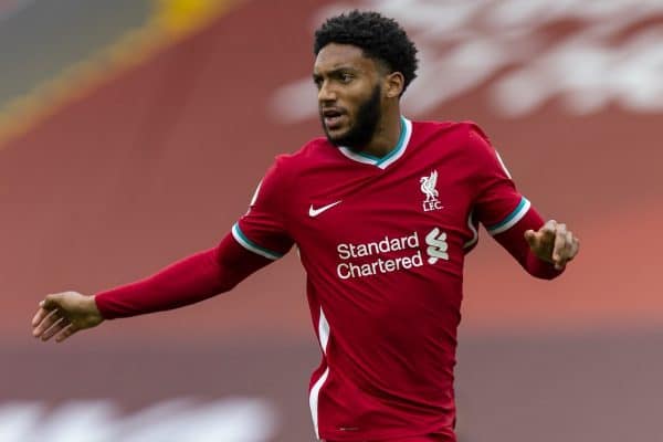 LIVERPOOL, ENGLAND - Saturday, September 12, 2020: Liverpool’s Joe Gomez during the opening FA Premier League match between Liverpool FC and Leeds United FC at Anfield. The game was played behind closed doors due to the UK government’s social distancing laws during the Coronavirus COVID-19 Pandemic. (Pic by David Rawcliffe/Propaganda)