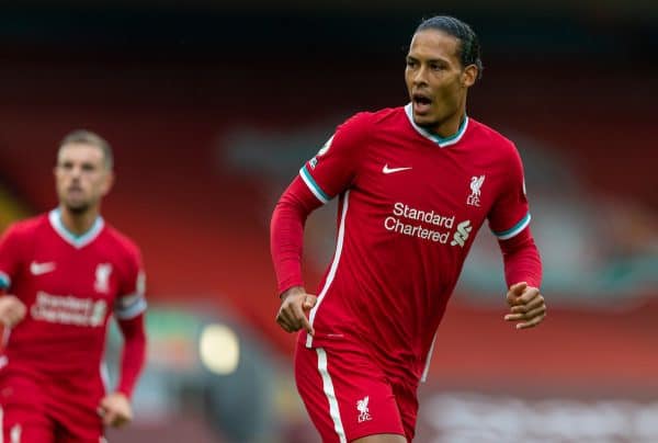 LIVERPOOL, ENGLAND - Saturday, September 12, 2020: Liverpool’s Virgil van Dijk during the opening FA Premier League match between Liverpool FC and Leeds United FC at Anfield. The game was played behind closed doors due to the UK government’s social distancing laws during the Coronavirus COVID-19 Pandemic. (Pic by David Rawcliffe/Propaganda)